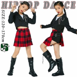 キッズダンス衣装 女の子 セットアップ  ショート スーツ 黒 かっこいい ショート丈 トップス へそ出し タータンチェック スカート付き 