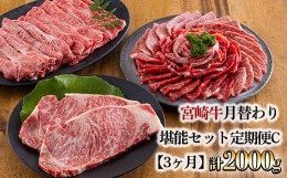 【ふるさと納税】宮崎牛月替わり堪能セット定期C[3ヶ月] 合計2000g(2kg)  [国産 黒毛和牛 ブランド牛 お肉 ステーキ 焼肉 しゃぶしゃぶ 7