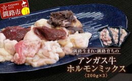 【ふるさと納税】釧路生まれ、釧路育ちのアンガス牛ホルモンミックス 200g×3 国産 ホルモン 牛 牛肉 国産 ホルモン ハツ モツ 冷凍 焼肉