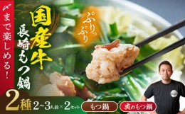 【ふるさと納税】【もつ鍋+炎のもつ鍋】国産牛 長崎 もつ鍋 セット (醤油味+辛みそ付醤油味) 細麺付 各2〜3人前×2セット 長崎市/もつ鍋