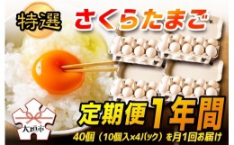 【ふるさと納税】特選　さくらたまご【定期便　1年間】☆40個（10個入×4パック）を月1回お届け☆☆