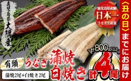 【ふるさと納税】【丑の日までに配送】楠田の極うなぎ 蒲焼き2尾・白焼き2尾 200g以上×4尾(計800g以上) c6-071-us