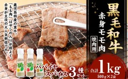 【ふるさと納税】黒毛和牛 赤身モモ肉 焼肉用(1kg)＆ パパイヤスパイス3種セット 牛肉 もも肉 バーベキュー