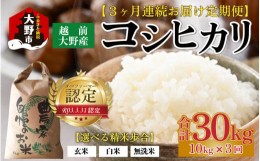 【ふるさと納税】【令和5年産】【3ヶ月定期便】越前大野産 エコファーマー認定農家栽培 こしひかり 白米 10kg × 3回 計30kg 