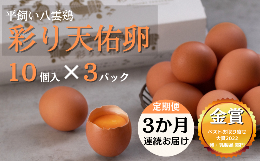 【ふるさと納税】【定期便3か月連続お届け】平飼い八雲鶏　彩り天佑卵 10個×3パック【卵 たまご タマゴ 鶏卵 卵30個 定期便 計卵90個 生