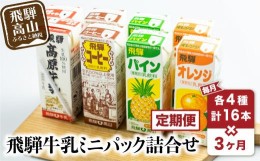 【ふるさと納税】【定期便】3回お届け 飛騨牛乳 ミニパック 詰め合わせ フルーツ牛乳 コーヒー牛乳 パックジュース 4種 180ml 16本セット