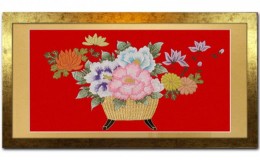 【ふるさと納税】額装用日本刺繍「花かご」台生地「赤」×額装「ゴールド」