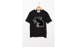 【ふるさと納税】直植毛フロッキーTシャツ　ウサギ黒　(Lサイズ)