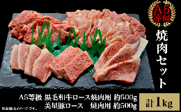 【ふるさと納税】焼肉セット1kg（4〜5人用）A5等級 黒毛和牛ロース 約500gと美星豚ロース 約500g 岡山県産