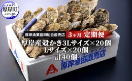 【ふるさと納税】定期便 3ヶ月 北海道 厚岸産 牡蠣 3L 20個 と L 20個 ひと月あたり40個お届け (各回40個×3ヶ月分,合計120個) 殻付き 生