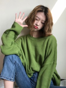 ラウンドネック ニット ルーズ サイドスリット ドロップショルダー aya969