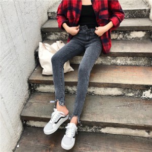 カットオフ スキニ―パンツ デニム 9分丈 ハイウエスト ストレッチ シック aya1408