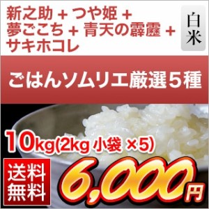 10キロ 令和5年産 ≪ごはんソムリエ厳選5種食べ比べ≫ サキホコレ ＋ つや姫 ＋ 夢ごこち ＋ 新之助 ＋ 青天の霹靂（2kg×5袋） 【送料無