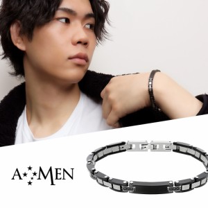 AMEN アメン メカニック ブラック プレート サージカルステンレス ブレスレット 19〜22cm ブランド ステンレス 大きいサイズ 中折れ式 中