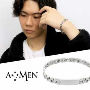 AMEN アメン プレート ダイヤモンド メタルバンド サージカルステンレス ブレスレット 19〜21.5cm ブランド ステンレス 大きいサイズ 中