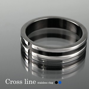 選べる2カラー 4mm幅 クロス スリット リング 17号 バイカラー 十字架 ブルー ブラック サージカルステンレス 金属アレルギーフリー 指輪