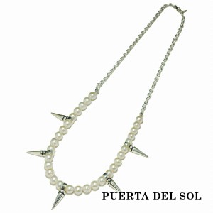 PUERTA DEL SOL パンク ロック スタッズ パール 真珠 ネックレス(チェーン付き) ホワイト シルバー950 ユニセックス シルバーアクセサリ