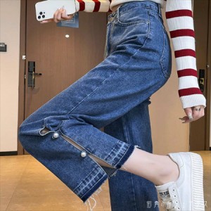 フレアパンツ デニムパンツ パンツ ボトムス ロング アンクル丈 スリット ポケット 切りっぱなし デニム ブルーデニム 薄手生地 かわいい