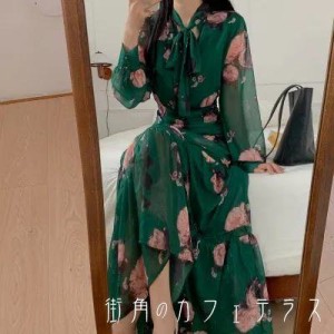 レディース ワンピース ロング丈 Aライン フラワー ボタニカル 体型カバー こなれ感 大人かわいい きれいめ 上品 長袖 グリーン 緑 20代 