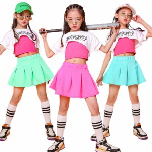 キッズダンス衣装 女の子 セットアップ チア へそ出し 体操服 スカート チアガール 演出服 韓国 子供服 ヒップホップ キッズ k-pop ダン
