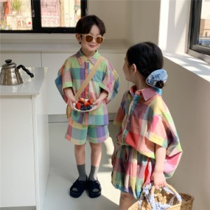 子供服 セットアップ 男の子 女の子 シャツ チェック柄 夏服 涼しい 薄手 かわいい 上下セット ショートパンツ