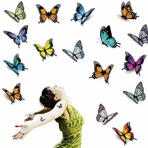 Fanoshon 16枚小さな蝶の3Dタトゥーシール子供、女の子、女性のために、カラフルなボディーアートの一時的な顔のタトゥーバタフライかわ