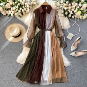 ドレス ワンピース ワンピースドレス ワンピ シースルー 襟付き ベルト付き ブラウン 新作 流行 トレンド レトロ デザインコントラスト 