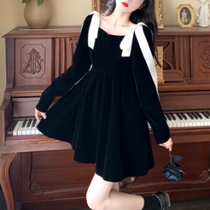 リトルブラックドレス ワンピース ドレス ビックサイズ 大き目サイズ リボンドレス ブラック 黒 パフ袖 パフスリーブワンピース 長袖 ロ