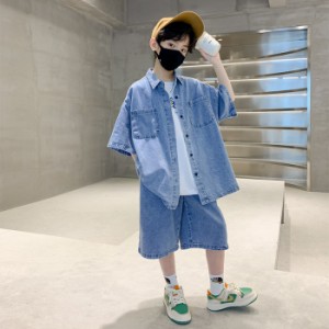 デニムセットアップ 男の子 セットアップ 夏 半袖 ハーフパンツ 運動 ダンス服 キッズ セットアップ 男の子 大きいサイズ 中学生 小学生 