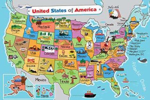 キッズ米国地図 * ウォールポスター 13*19インチ アメリカ地図プレミアム紙 * 50アメリカ スローガンと画像付き - ラミネート加工