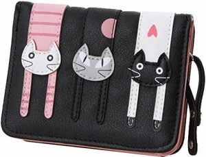 【ノーブランド品】かわいい猫柄の ミニ財布 かわいい 二つ折り財布 ガールズ レディース ブラック