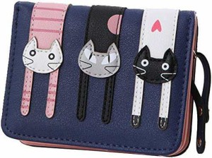 【ノーブランド品】かわいい猫柄の ミニ財布 かわいい 二つ折り財布 ガールズ レディース ネイビー