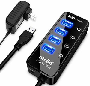 USB3.0ハブ 電源付き, atolla 4ポート高速USB3.0 の 拡張+ 1充電ポート USB Hub 独立スイッチ付 5V/3A ACアダプタ付き