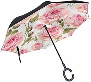 マキク（MAKIKU） 逆折り式傘 逆さ傘 長傘 日傘 バラ 花柄 ピンク ロマン 晴雨兼用 UVカット 自立式 手離れC型手元 耐風 紳士傘 婦人傘