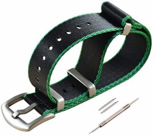 22mm 黒/緑エッジ バンド シートベルト 腕時計ベルト 厚いナイロン 簡単交換ベルト