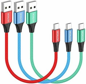 短いマイクロUSBケーブル0.3m、[3本、0.3m] Micro USB Android充電ケーブル耐久性のあるプレミアムナイロン編組高速充電コード、Samsung