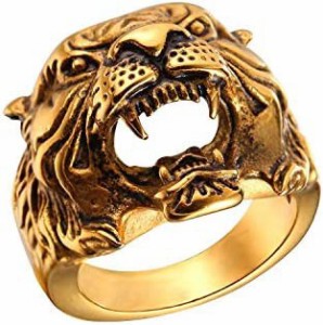 Rockyu 虎指輪 メンズ ステンレス ゴールド 18金メッキ カッコいい トラ tiger 虎リング 動物指輪 ヒップホップ リング B系指輪 ストリー