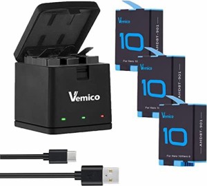 Vemico GoPro Hero 9/Hero 10 バッテリー 充電器セット 3*1800mAh ゴープロ予備バッテリー チャージャー Type C USB 収納式充電器セット