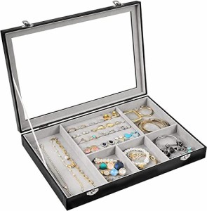 ProCase ジュエリーボックス、ピアスや時計も収納可能　宝石箱　仕切り多め、ディスプレイ 透明ガラス蓋、シンプル PUケース ?ブラック
