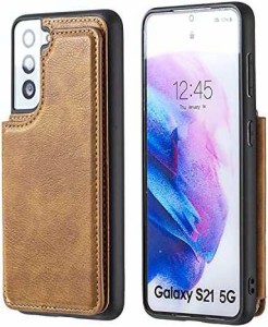 【 Viesa 】 背面カード 手帳型ケース Galaxy S21 5G (6.2インチ) 対応 Samsung スマホ バックカバー ケース 手帳型 (ブラウン) 手作り