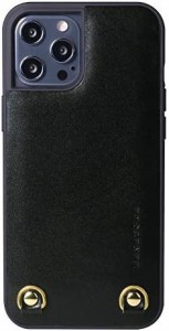 [HANATORA] iPhone ケース イタリアンレザー 本革 ダブルストラップホール ハンドストラップ付属 TGN-12ProMax-Black ブラック iPhone 12
