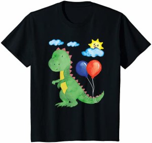 キッズ 風船を持った小さなかわいいT-Rex 太陽の雲 恐竜 Tシャツ