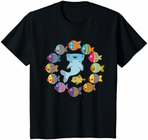 キッズ パターン小さなカラフルな魚面白いハンマーヘッドシャーク Tシャツ