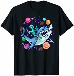 Alien Riding Shark UFO Outer Space Planets Kids Boys Girls Tシャツ