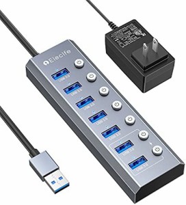 Elecife USB ハブ 3.0 Hub 7ポート 2022 改良 5Gbps高速 USB拡張 コンパクト セルフパワー/バスパワー 独立スイッチ付 5V/3A ACアダプタ