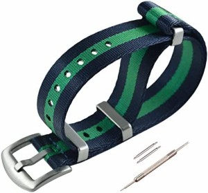 22mm 青/緑/青 シートベルト 腕時計バンド ナイロン 替えベルト 起毛バックル