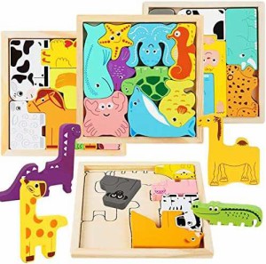 CORPER TOYS 木製パズル 動物パズル 知恵の板 型はめパズル 型はめおもちゃ 形合わせ 4種類 動物パズル 積み木 ブロック バランスゲーム