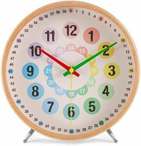 知育時計 置き時計 子供 木製 24時間表示 天然木 掛け時計 時間学習 静音 壁掛け時計 カラフル 子供用 生徒用 木枠 非電波 キッズ クロッ