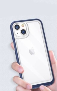 【送料無料】iphone13 mini用ジャケット型クリアケース ブルー 強化ガラス付き 画面クリーナー付き 412-04-05