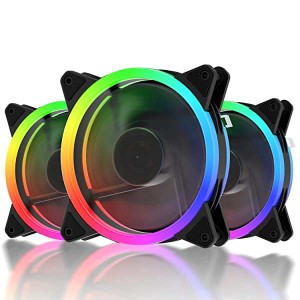 【送料無料】120mm RGB PCケースファン 中心部分が黒でLEDリングで周りが光る 静音タイプ 25mm厚 6PIN SATA電源 コントローラーとリモコ